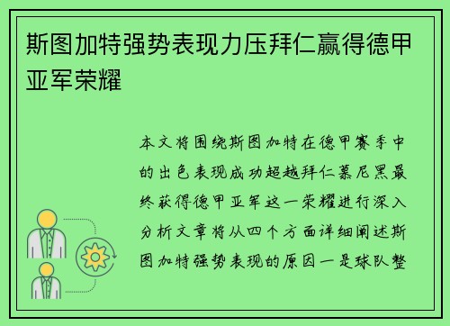 斯图加特强势表现力压拜仁赢得德甲亚军荣耀